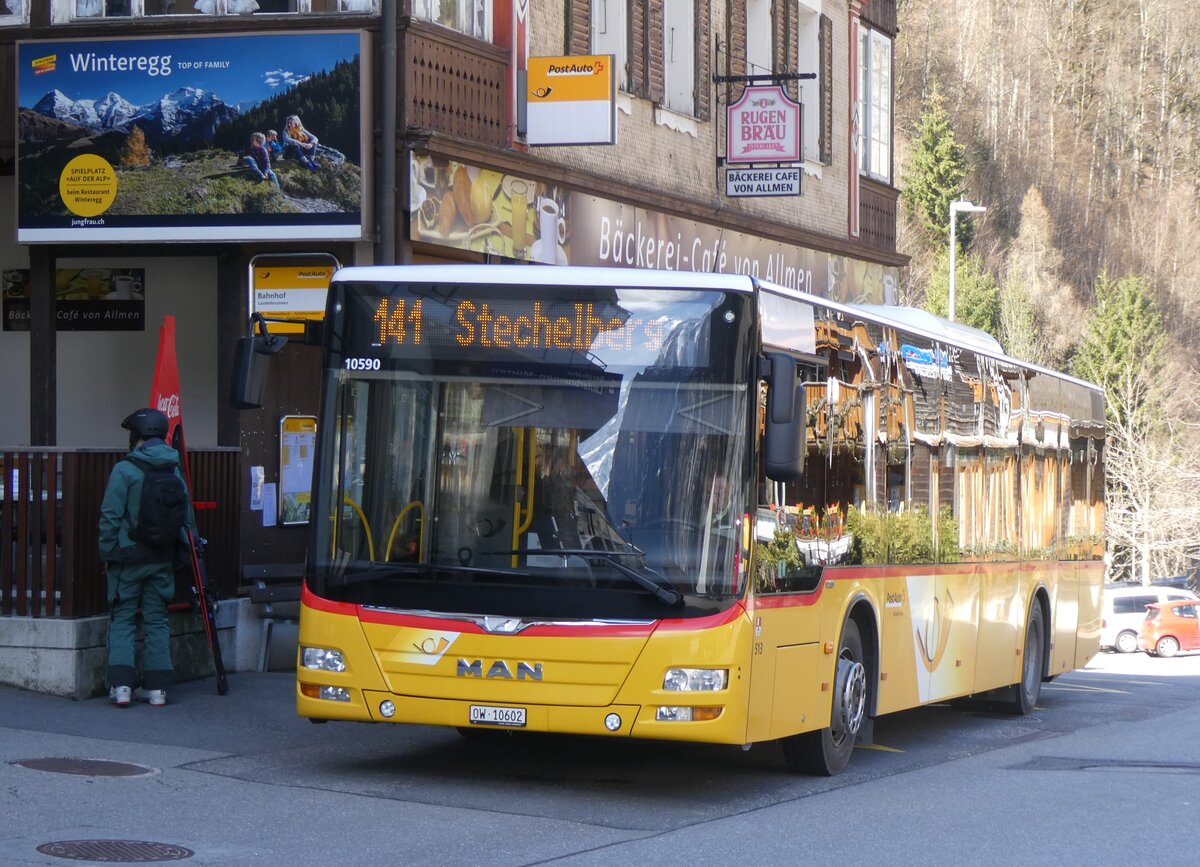 (260'567) - PostAuto Zentralschweiz - Nr. 513/OW 10'602/PID 10'590 - MAN (ex Nr. 2; ex Dillier, Sarnen Nr. 2) am 19. M�rz 2024 beim Bahnhof Lauterbrunnen