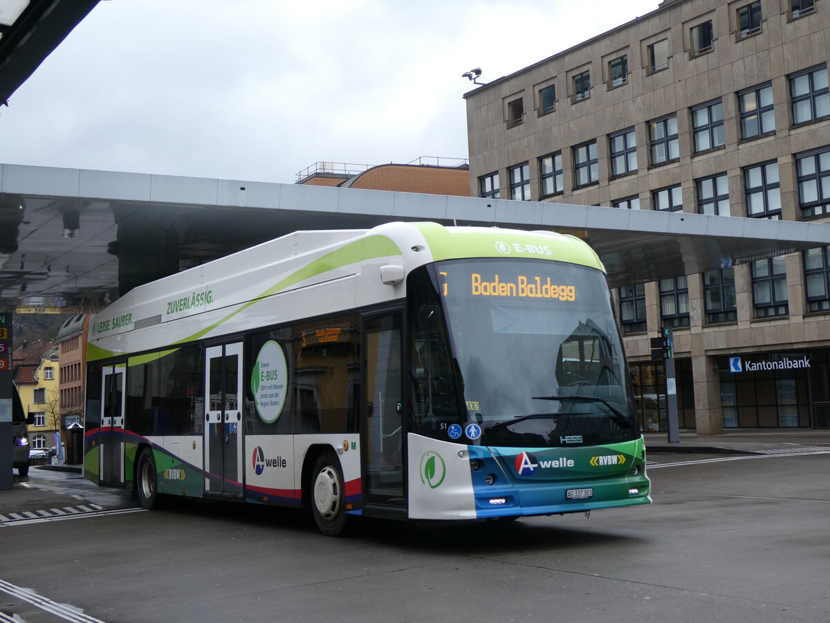 (260'720) - RVBW Wettingen - Nr. 51/AG 337'303 - eHess am 28. M�rz 2024 beim Bahnhof Baden