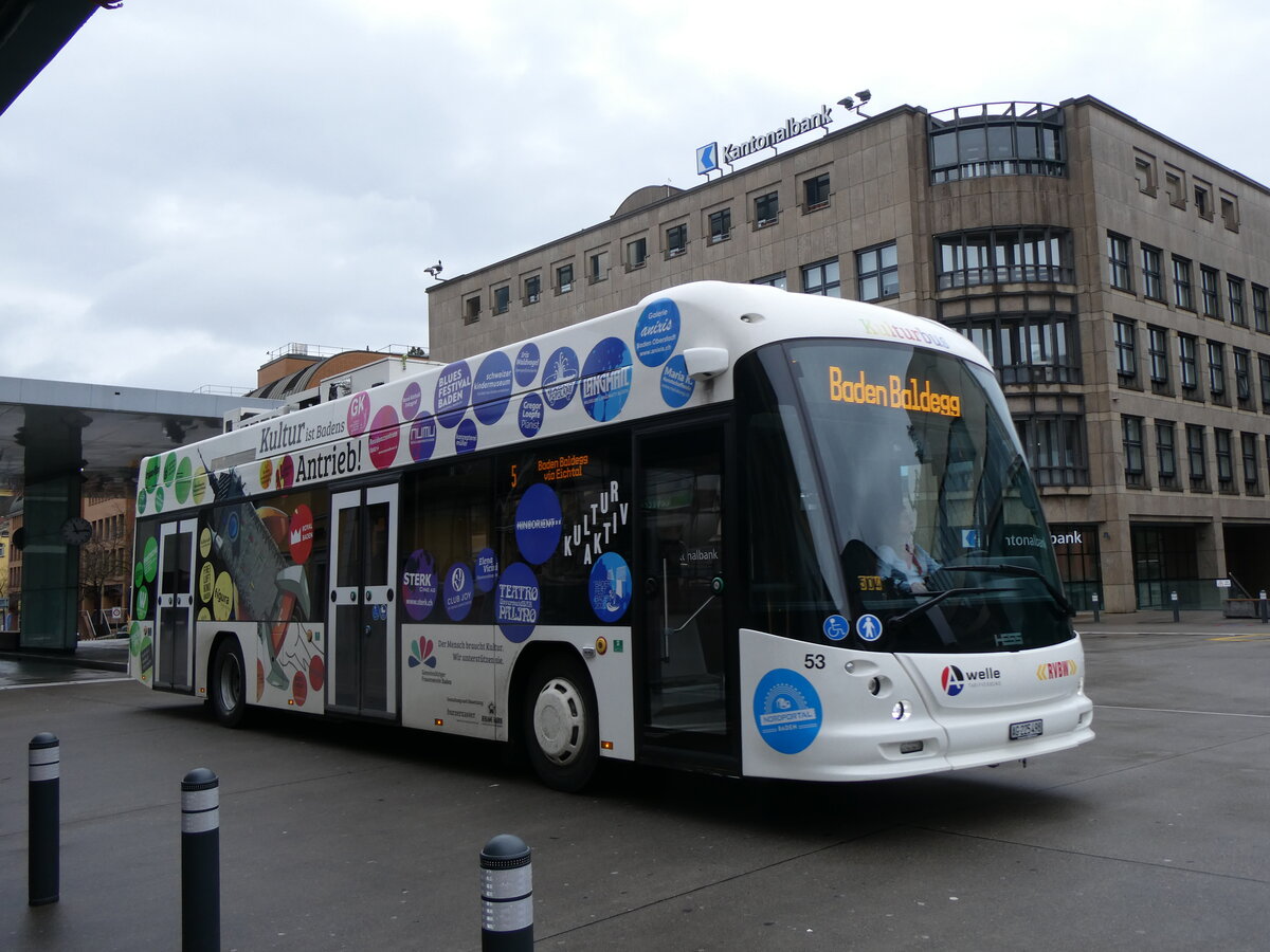 (260'729) - RVBW Wettingen - Nr. 53/AG 225'498 - eHess am 28. M�rz 2024 beim Bahnhof Baden