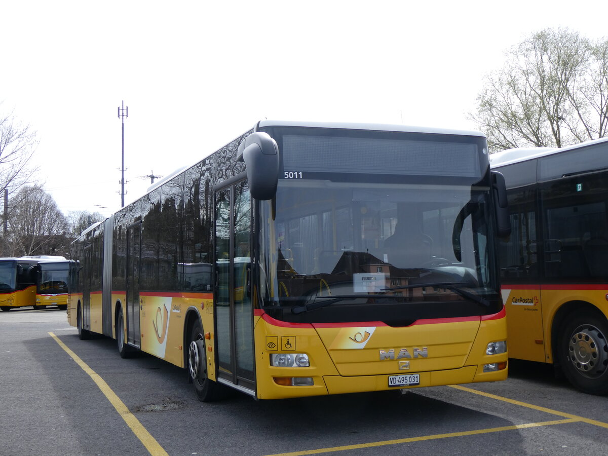 (260'830) - CarPostal Ouest - VD 495'031/PID 5011 - MAN am 29. M�rz 2024 in Yverdon, Garage