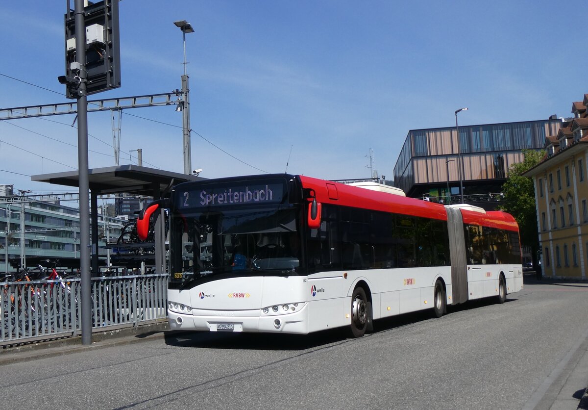 (261'177) - RVBW Wettingen - Nr. 182/AG 554'213 - Solaris (ex AAGR Rothenburg Nr. 6) am 12. April 2024 beim Bahnhof Baden