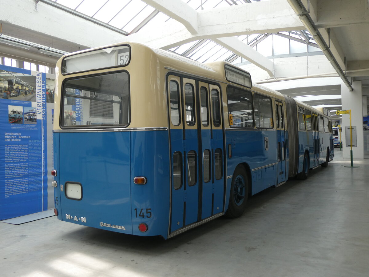 (261'268) - MVG M�nchen (OCM) - Nr. 145 - MAN/G�ppel (ex Privat in Hessen; ex MVG M�nchen Nr. 145) am 13. April 2024 in M�nchen, MVG-Museum
