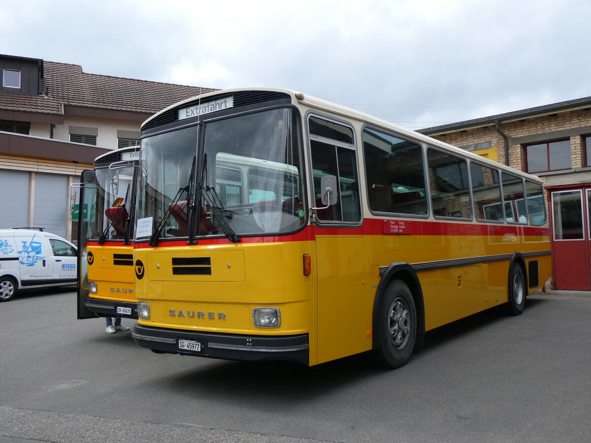 (261'980) - R�egg, R�ti - SG 45'977 - Saurer/T�scher (ex Gurtner, Worb; ex P 24'276) am 4. Mai 2024 in Attikon, Wegm�ller