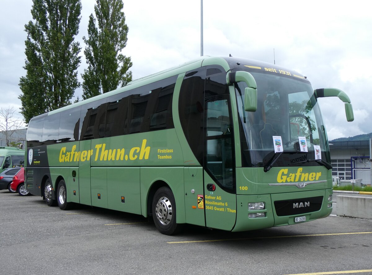 (263'310) - Gafner, Gwatt - Nr. 100/BE 26'288 - MAN (ex PostAuto Bern PID 10'654) am 1. Juni 2024 in Gwatt, Garage