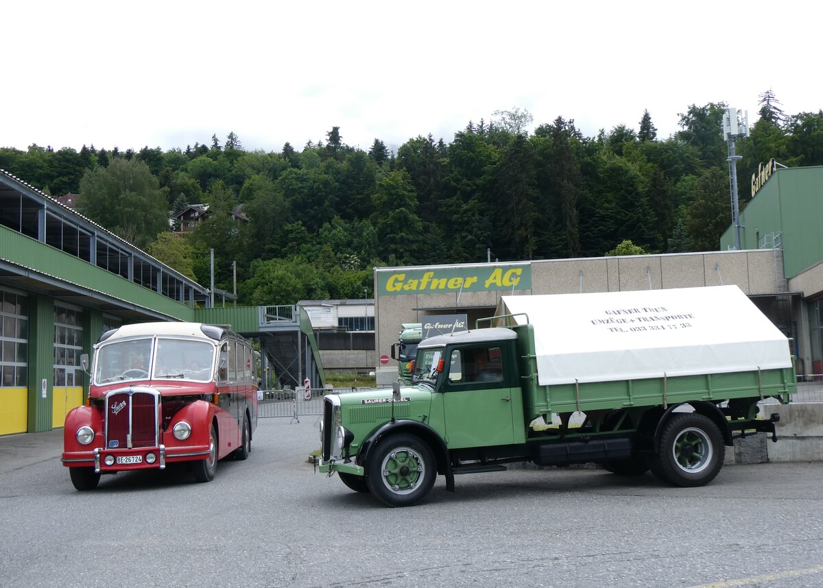 (263'329) - Gafner, Gwatt - Nr. 9/BE 26'724 - Saurer/R&J (ex ASKA Aeschi Nr. 9) am 1. Juni 2024 in Gwatt, Garage