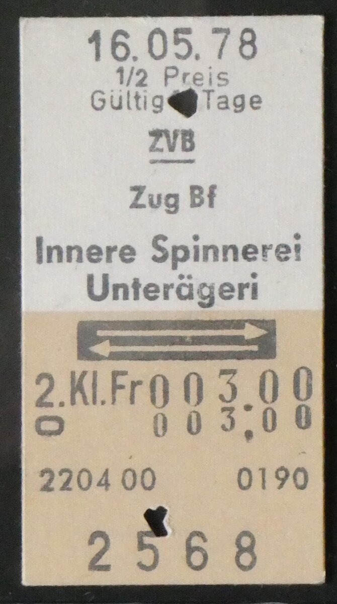 (263'337) - ZVB-Einzelbillet vom 16. Mai 1978 am 2. Juni 2024 in Thun