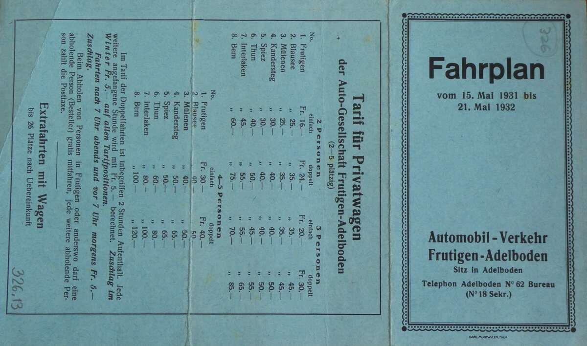 (263'434) - AFA-Fahrplan vom 15. Mai 1931 bis 21. Mai 1932 am 7. Juni 2024 in Adelboden, Dorfarchiv (Teilauszug)