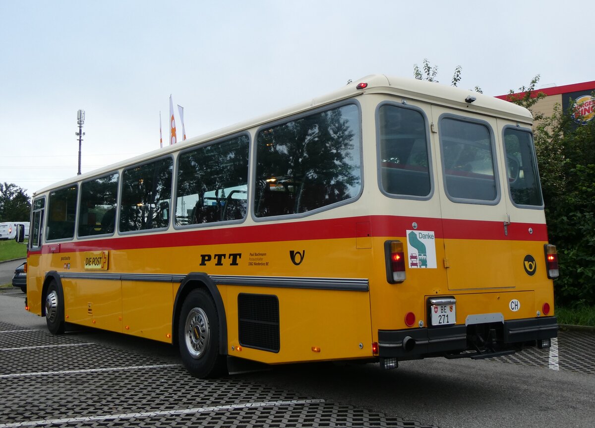 (263'850) - Bachmann, Nieder�nz - Nr. 5/BE 271 - Saurer/T�scher (ex W�thrich, Ursenbach; ex Sch�rch, Gutenburg Nr. 5; Engeloch, Riggisberg Nr. 5/PID 3309; ex P 25'668) am 22. Juni 2024 in Rothrist, Coop-Tankstelle