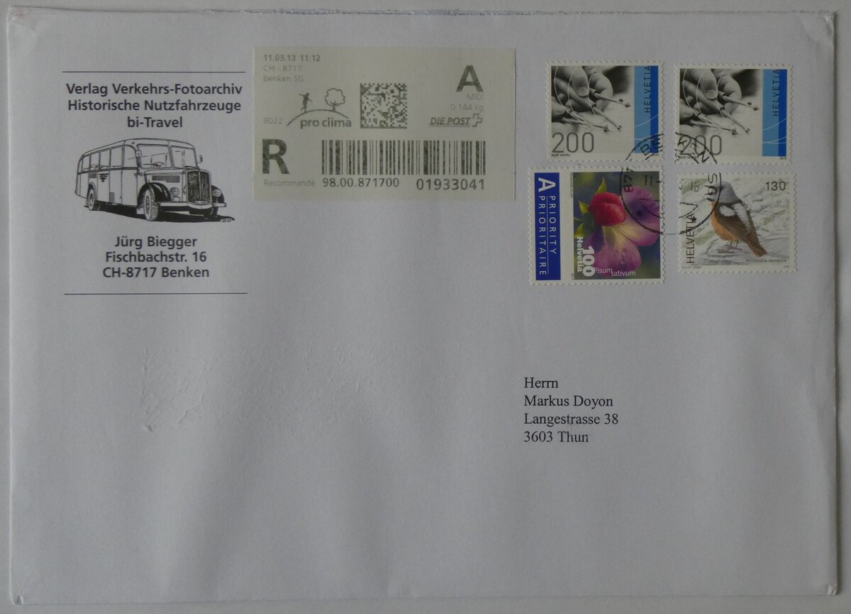 (264'803) - Biegger-Briefumschlag vom 11. M�rz 2013 am 14. Juli 2024 in Thun