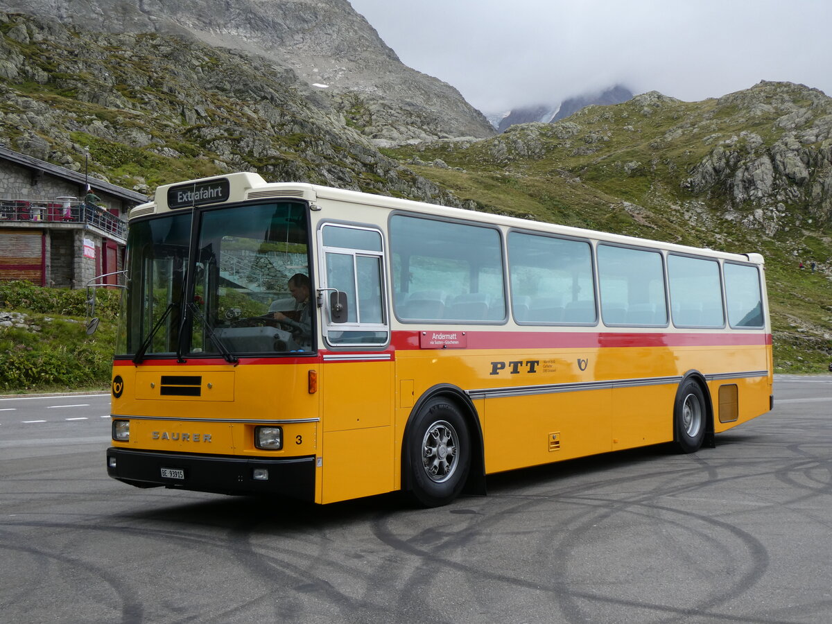 (266'845) - Kolb, Grasswil - Nr. 3/BE 93'915 - Saurer/R&J (ex Schmocker, Stechelberg Nr. 3/PID 2409; ex Schmocker, Stechelberg Nr. 1; ex Gertsch, Stechelberg Nr. 1) am 8. September 2024 in Susten, Passh�he