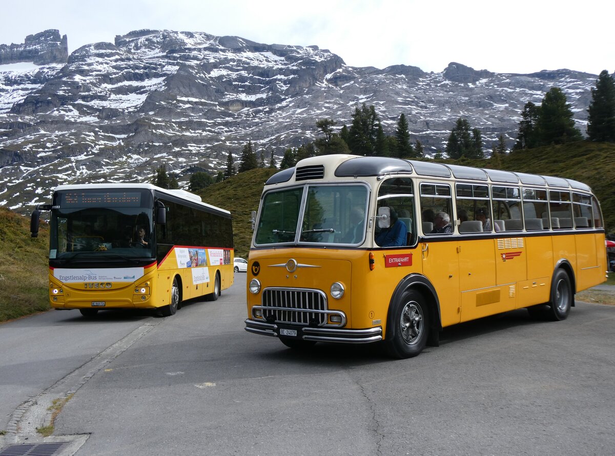 (267'484) - Fl�ck, Brienz - Nr. 24/BE 868'724/PID 11'593 - Iveco (Einsatz Engstlenalp-Bus) + Gast, Reutigen - Nr. 1/BE 24'079 - FBW/FHS (ex Lambach, Gommiswald; ex Hotz, Rickenbach bei Wil/TG; ex P 24'079; ex P 21'579) am 22. September 2024 auf der Engstlenalp