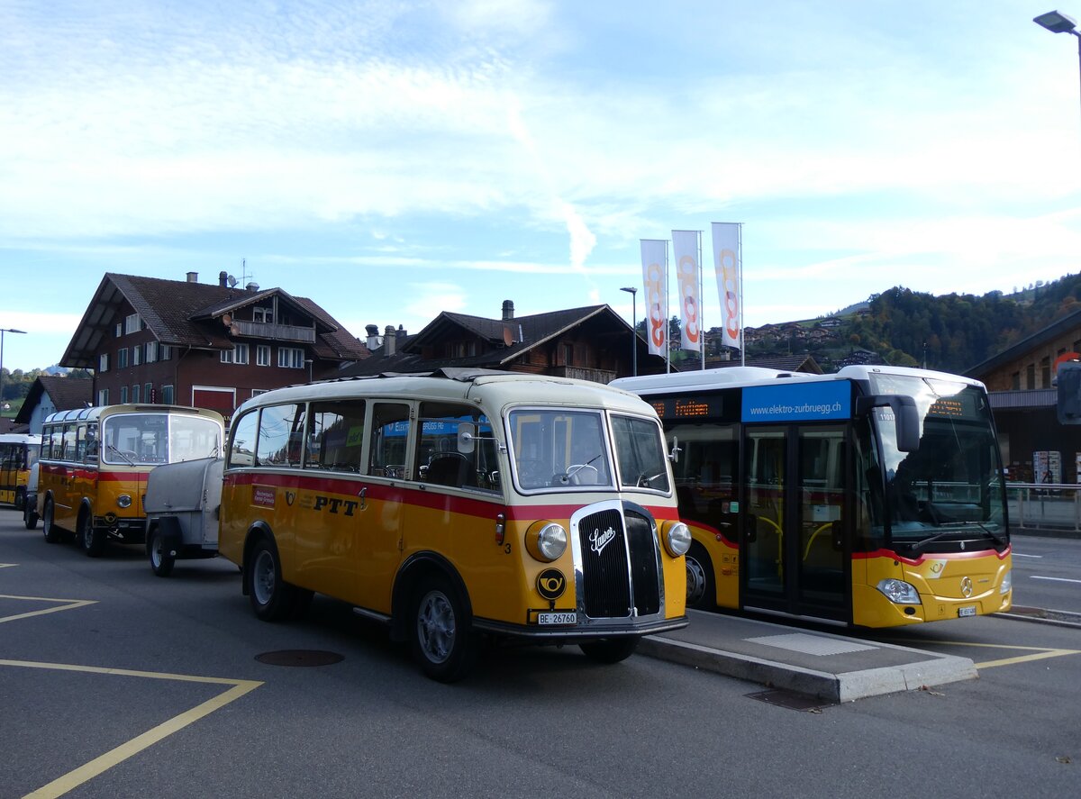 (268'006) - Schmid, Th�rishaus - Nr. 3/BE 26'760 - Saurer/Gangloff (ex Geiger, Adelboden Nr. 3) am 12. Oktober 2024 beim Bahnhof Reichenbach