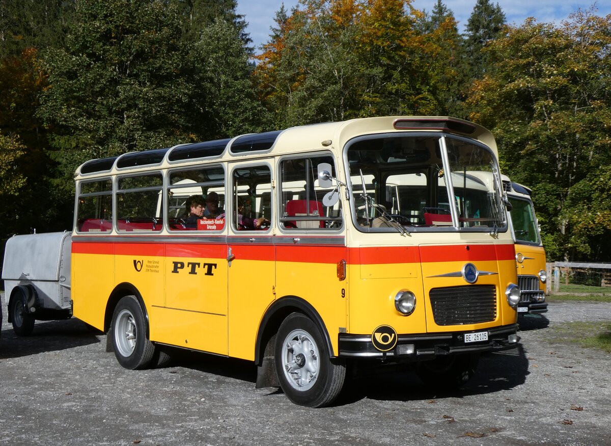 (268'035) - Schmid, Th�rishaus - Nr. 9/BE 26'105 - Saurer/R&J (ex Geiger, Adelboden Nr. 9) am 12. Oktober 2024 in Kiental, Loosplattenalp