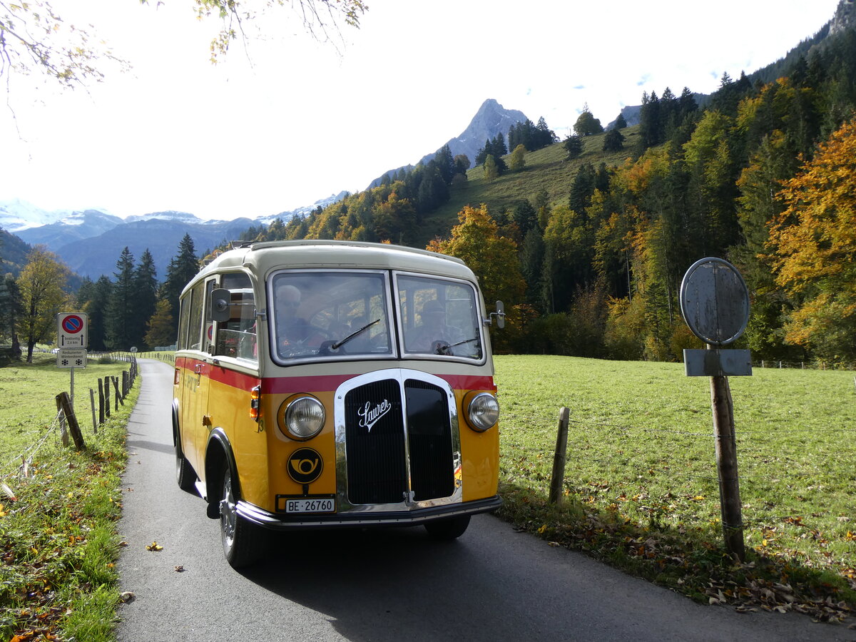 (268'040) - Schmid, Th�rishaus - Nr. 3/BE 26'760 - Saurer/Gangloff (ex Geiger, Adelboden Nr. 3) am 12. Oktober 2024 in Kiental, Loosplattenalp