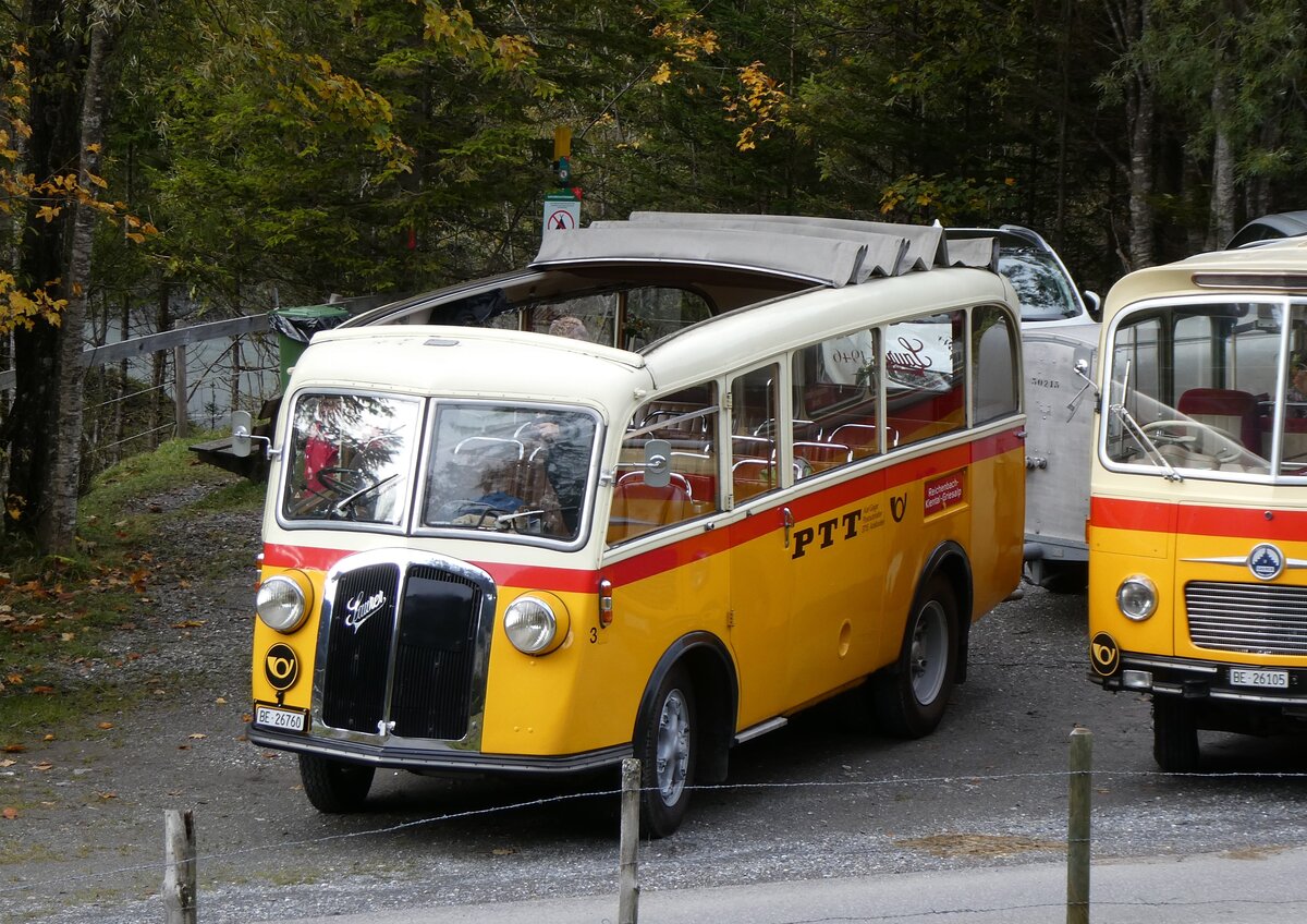 (268'048) - Schmid, Th�rishaus - Nr. 3/BE 26'760 - Saurer/Gangloff (ex Geiger, Adelboden Nr. 3) am 12. Oktober 2024 in Kiental, Tschingelsee