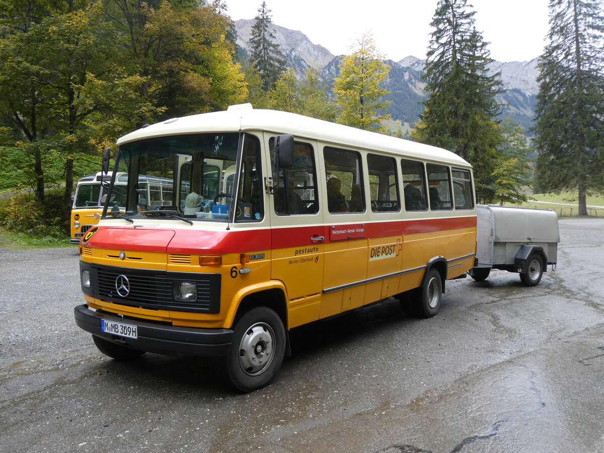 (268'063) - Aus Deutschland: Hahn, M�nchen - Nr. 6/M-MB 309H - Mercedes (ex M�ller, CH-Ennetmoos Nr. 6; ex Portenier, CH-Adelboden Nr. 6/PID 492; ex Geiger, CH-Adelboden Nr. 6) am 12. Oktober 2024 in Kiental, Tschingel