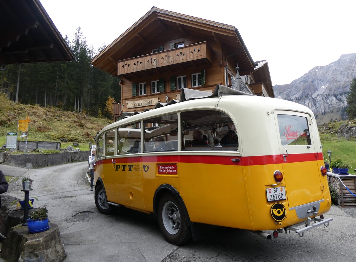 (268'074) - Schmid, Th�rishaus - Nr. 3/BE 26'760 - Saurer/Gangloff (ex Geiger, Adelboden Nr. 3) am 12. Oktober 2024 auf der Griesalp