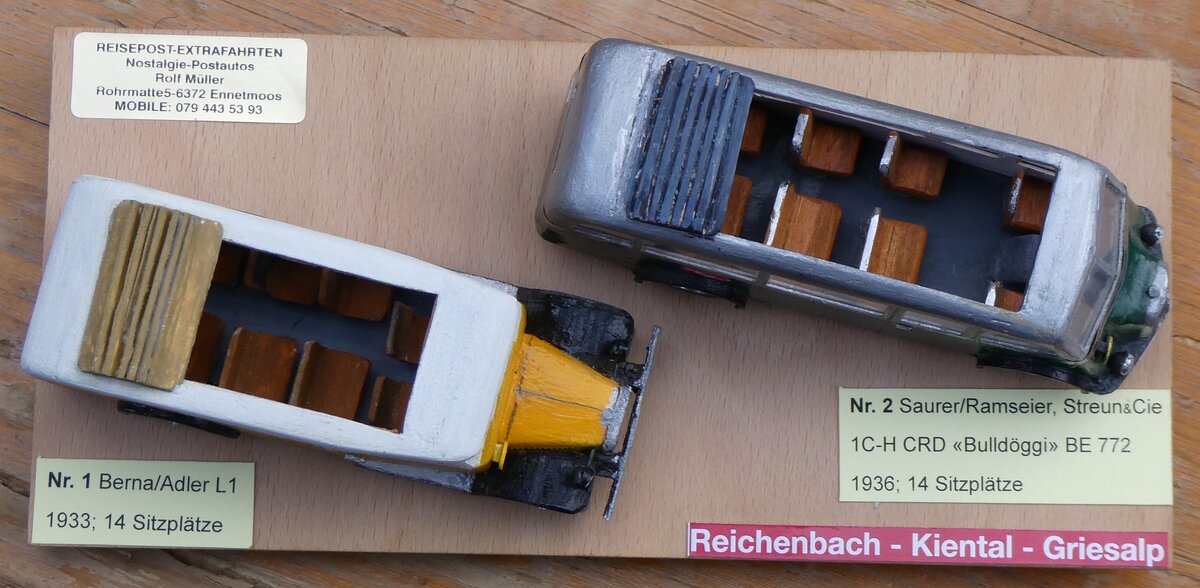 (268'091) - Geiger, Adelboden - Nr. 1 - Saurer/Adler + Nr. 2 - Saurer/R&Str. am 12. Oktober 2024 auf dem Bundl�ger (Holzmodelle)