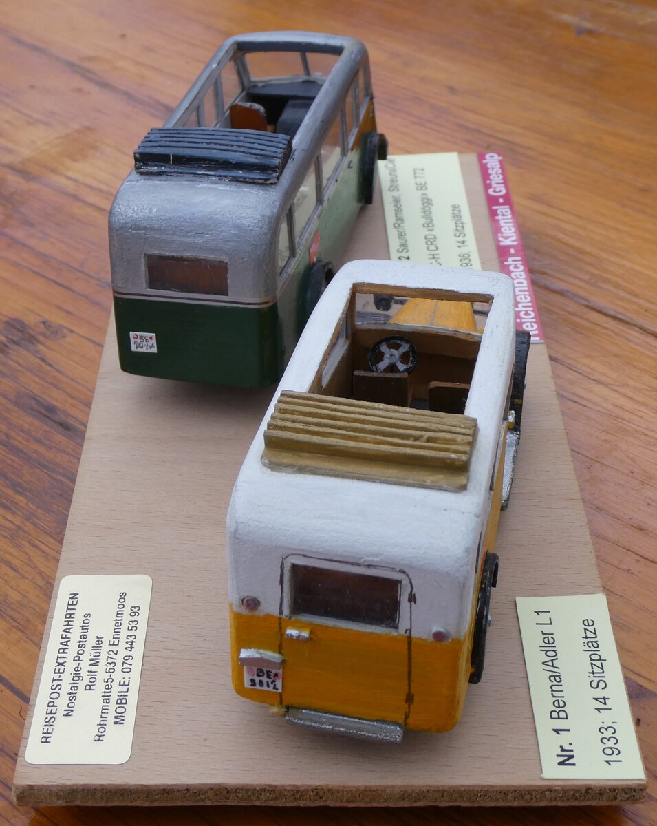 (268'100) - Geiger, Adelboden - Nr. 2 - Saurer/R&Str. + Nr. 1 - Saurer/Adler am 12. Oktober 2024 auf dem Bundl�ger (Holzmodelle)