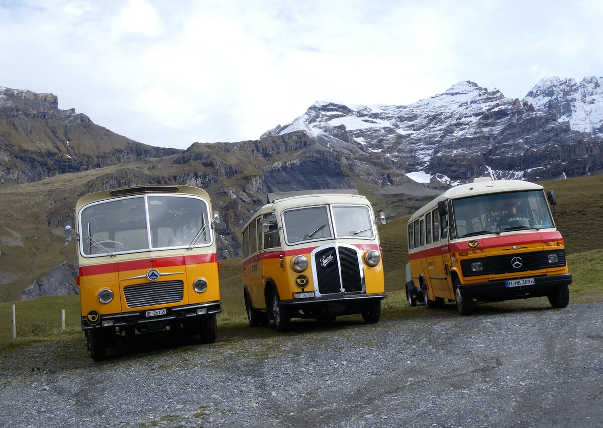(268'114) - Schmid, Th�rishaus - Nr. 9/BE 26'105 - Saurer/R&J (ex Geiger, Adelboden Nr. 9) + Nr. 3/BE 26'760 - Saurer/Gangloff (ex Geiger, Adelboden Nr. 3) + aus Deutschland: Hahn, M�nchen - Nr. 6/M-MB 309H - Mercedes (ex M�ller, CH-Ennetmoos Nr. 6; ex Portenier, CH-Adelboden Nr. 6/PID 492; ex Geiger, CH-Adelboden Nr. 6) am 12. Oktober 2024 auf dem Bundl�ger