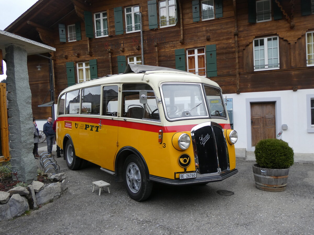 (268'138) - Schmid, Th�rishaus - Nr. 3/BE 26'760 - Saurer/Gangloff (ex Geiger, Adelboden Nr. 3) am 12. Oktober 2024 auf der Griesalp