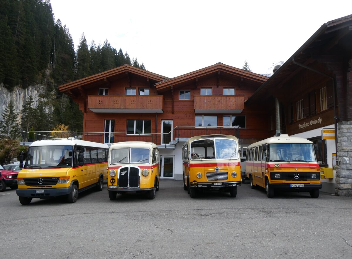 (268'157) - PostAuto Bern - BE 755'378/PID 5684 - Mercedes/Kusters + Schmid, Th�rishaus - Nr. 3/BE 26'760 - Saurer/Gangloff (ex Geiger, Adelboden Nr. 3; + Nr. 9/BE 26'105 - Saurer/R&J (ex Geiger, Adelboden Nr. 9) + aus Deutschland: Hahn, M�nchen - Nr. 6/M-MB 309H - Mercedes (ex M�ller, CH-Ennetmoos Nr. 6; ex Portenier, CH-Adelboden Nr. 6/PID 492; ex Geiger, CH-Adelboden Nr. 6) am 12. Oktober 2024 auf der Griesalp