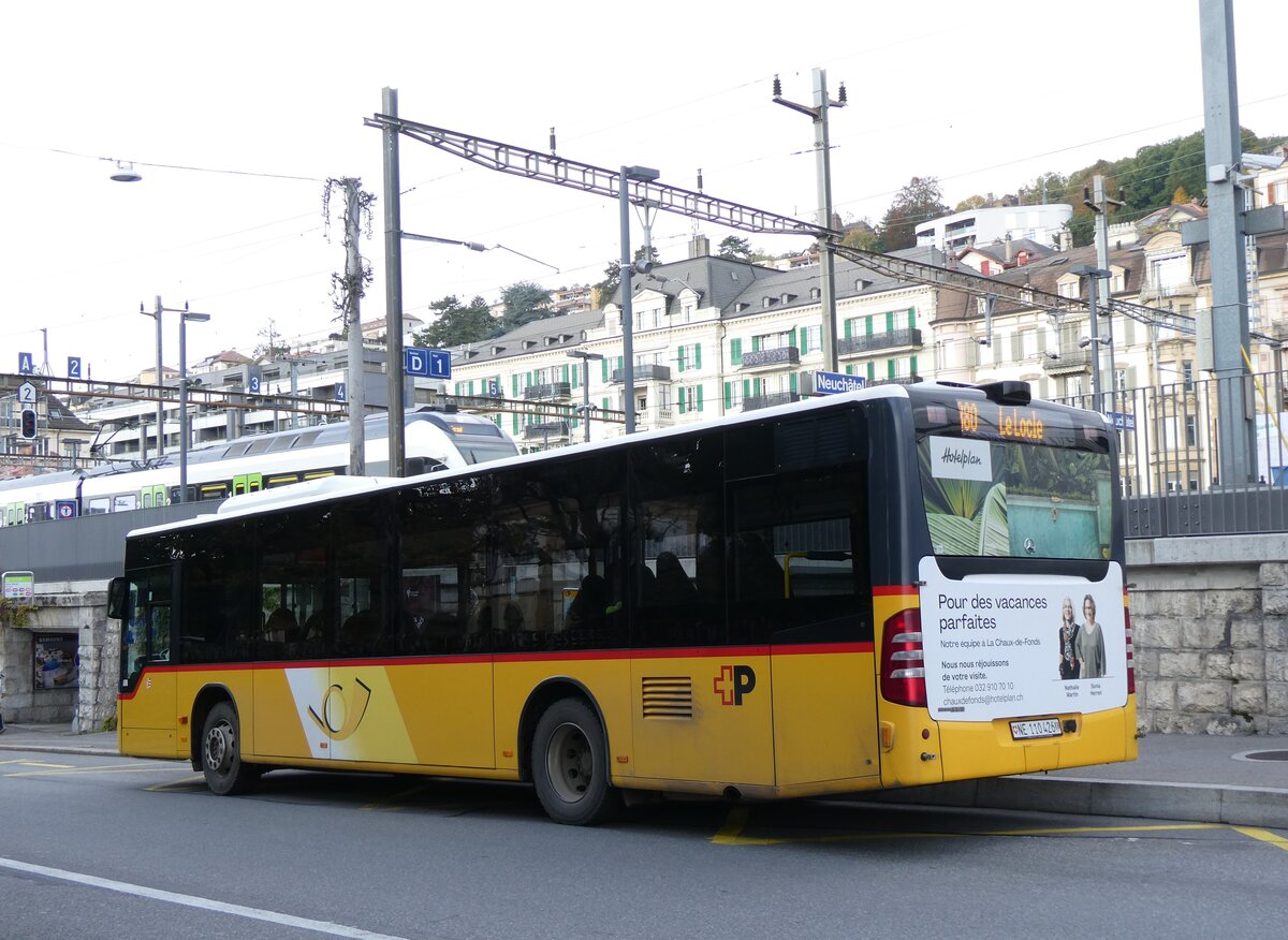 (268'395) - CarPostal Ouest - NE 110'426/PID 5414 - Mercedes (ex JU 28'172; ex Nr. 57; ex Stucki, Porrentruy Nr. 29) am 24. Oktober 2024 beim Bahnhof Neuch�tel
