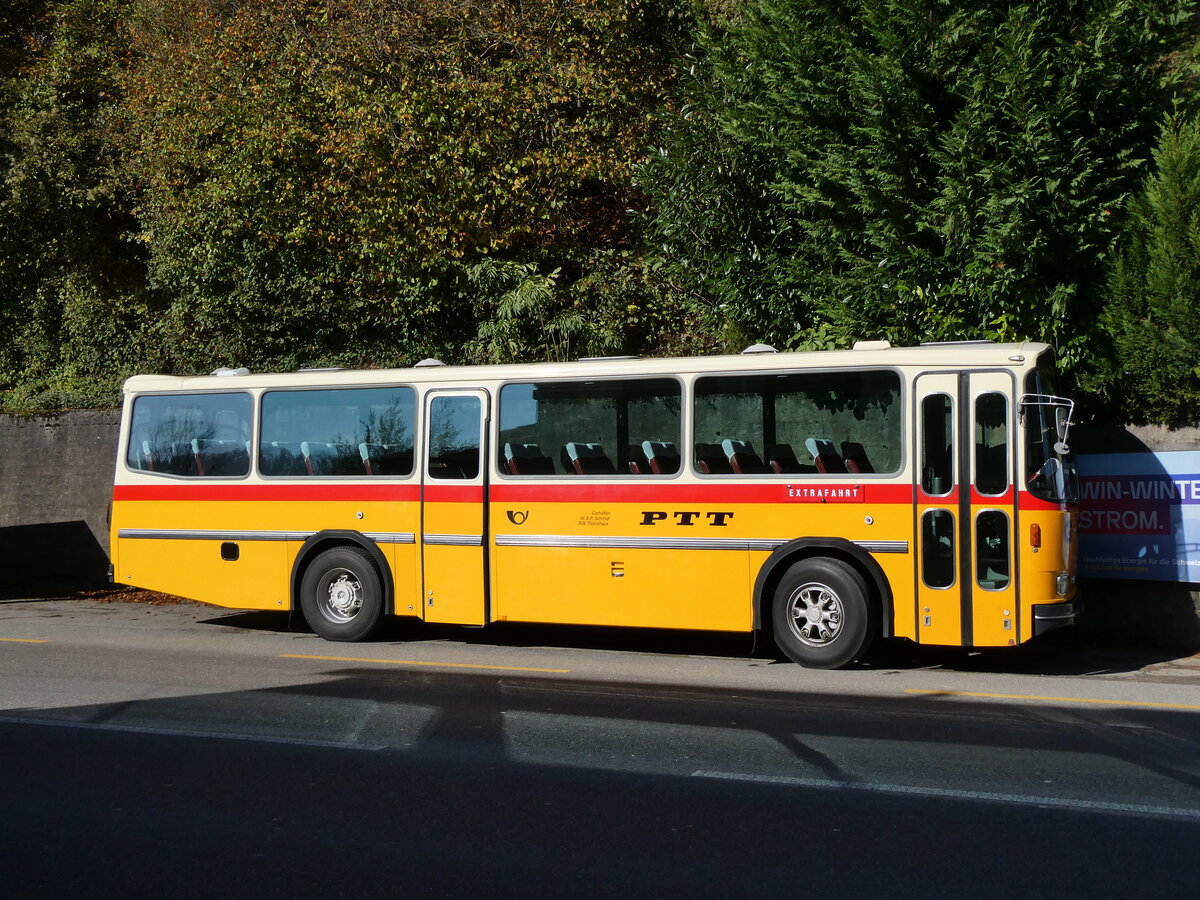 (268'430) - Schmid, Th�rishaus - BE 26'206 - Saurer/T�scher (ex P 24'244) am 25. Oktober 2024 in Zwingen, Restaurant Waldeck