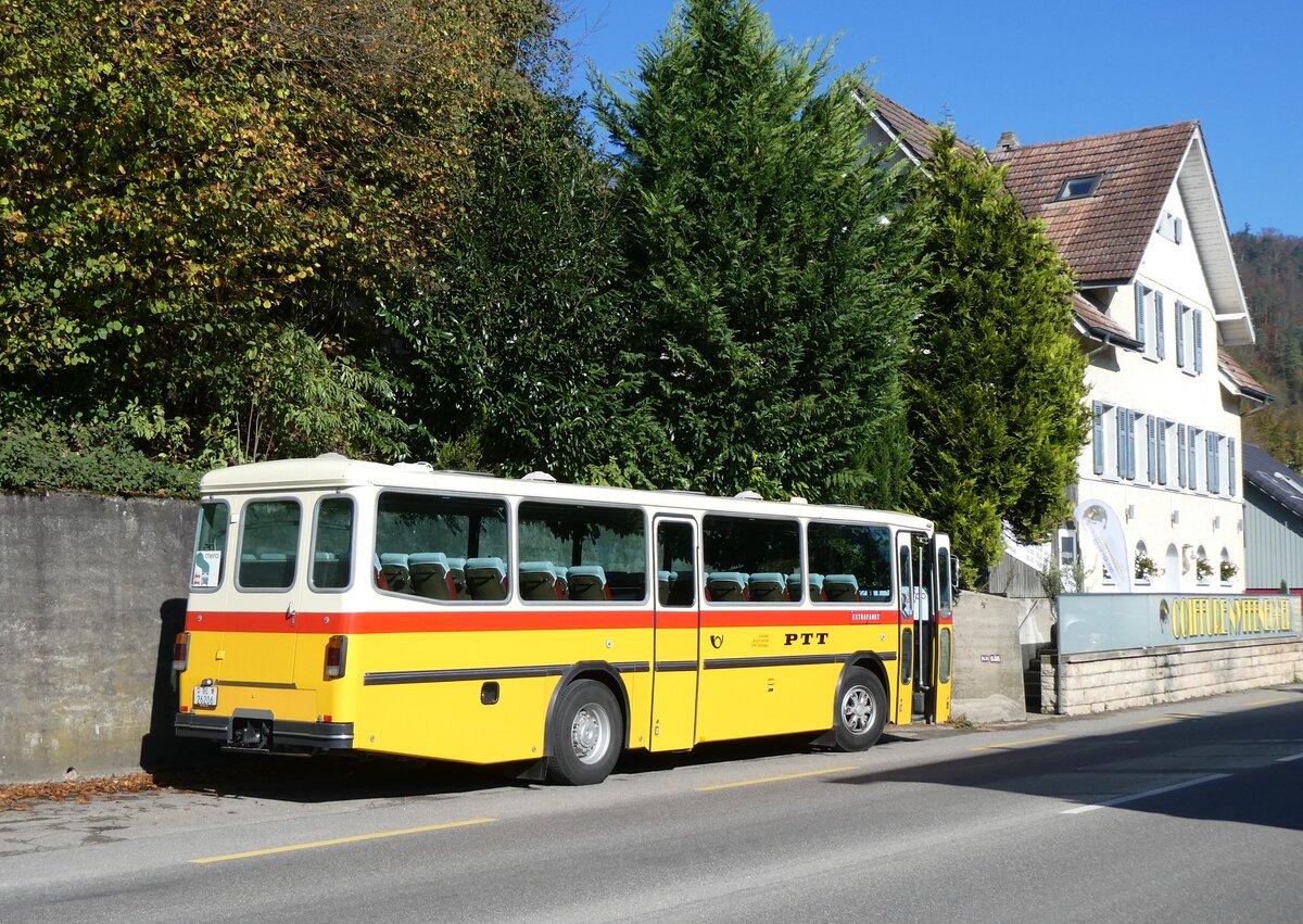 (268'431) - Schmid, Th�rishaus - BE 26'206 - Saurer/T�scher (ex P 24'244) am 25. Oktober 2024 in Zwingen, Restaurant Waldeck