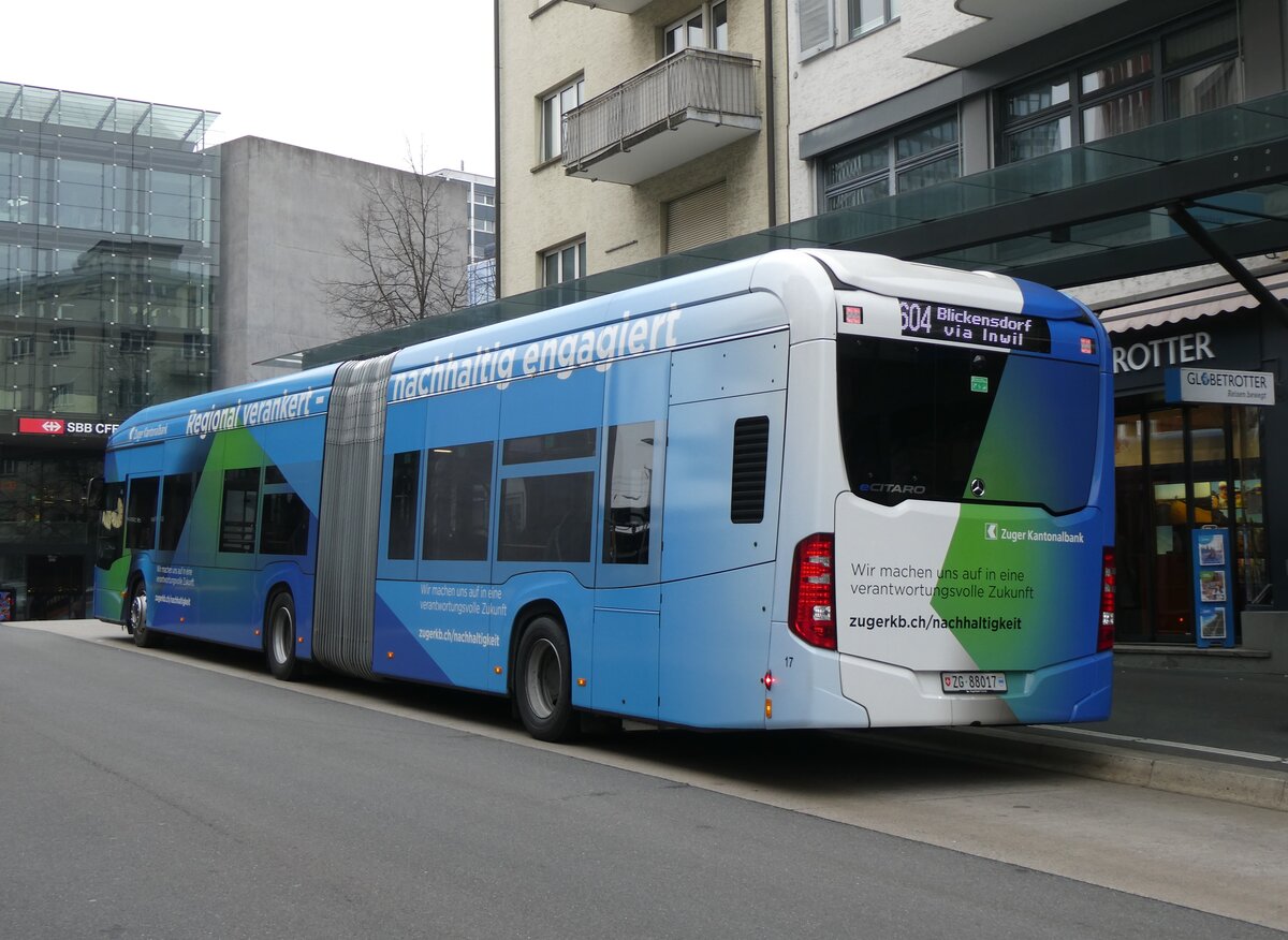 (269'079) - ZVB Zug - Nr. 17/ZG 88'017 - eMercedes am 9. November 2024 beim Bahnhof Zug