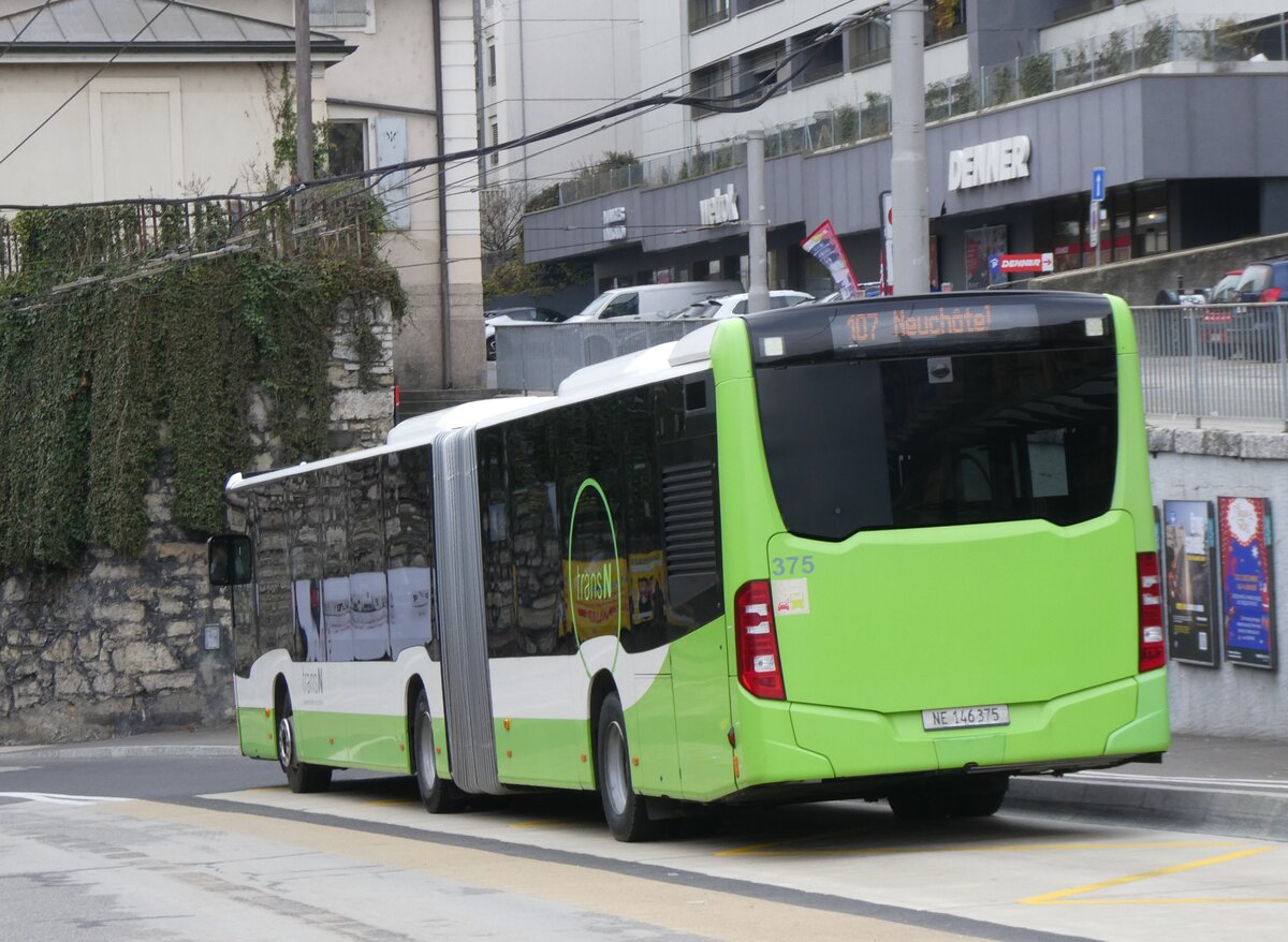 (269'526) - transN, La Chaux-de-Fonds - Nr. 375/NE 146'375 - Mercedes am 30. November 2024 beim Bahnhof Neuch�tel
