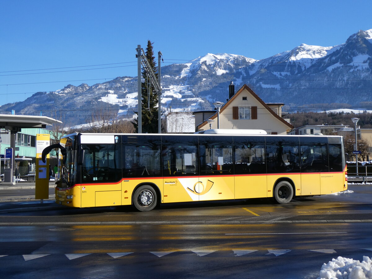 (270'239) - PostAuto Zentralschweiz - Nr. 511/OW 16'211/PID 10'290 - MAN (ex Nr. 11; ex Mattli, Wassen) am 25. Dezember 2024 beim Bahnhof Sarnen