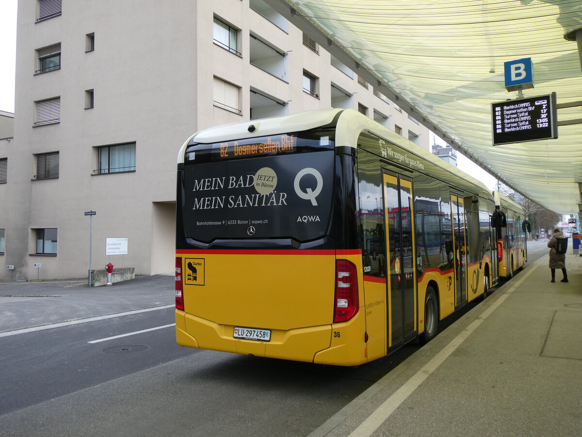 (271'693) - H�fliger, Sursee - Nr. 36/LU 297'458/PID 12'020 - eMercedes (ex vermietet an PostAuto Zentralschweiz Nr. 568) am 7. Februar 2025 beim Bahnhof Sursee