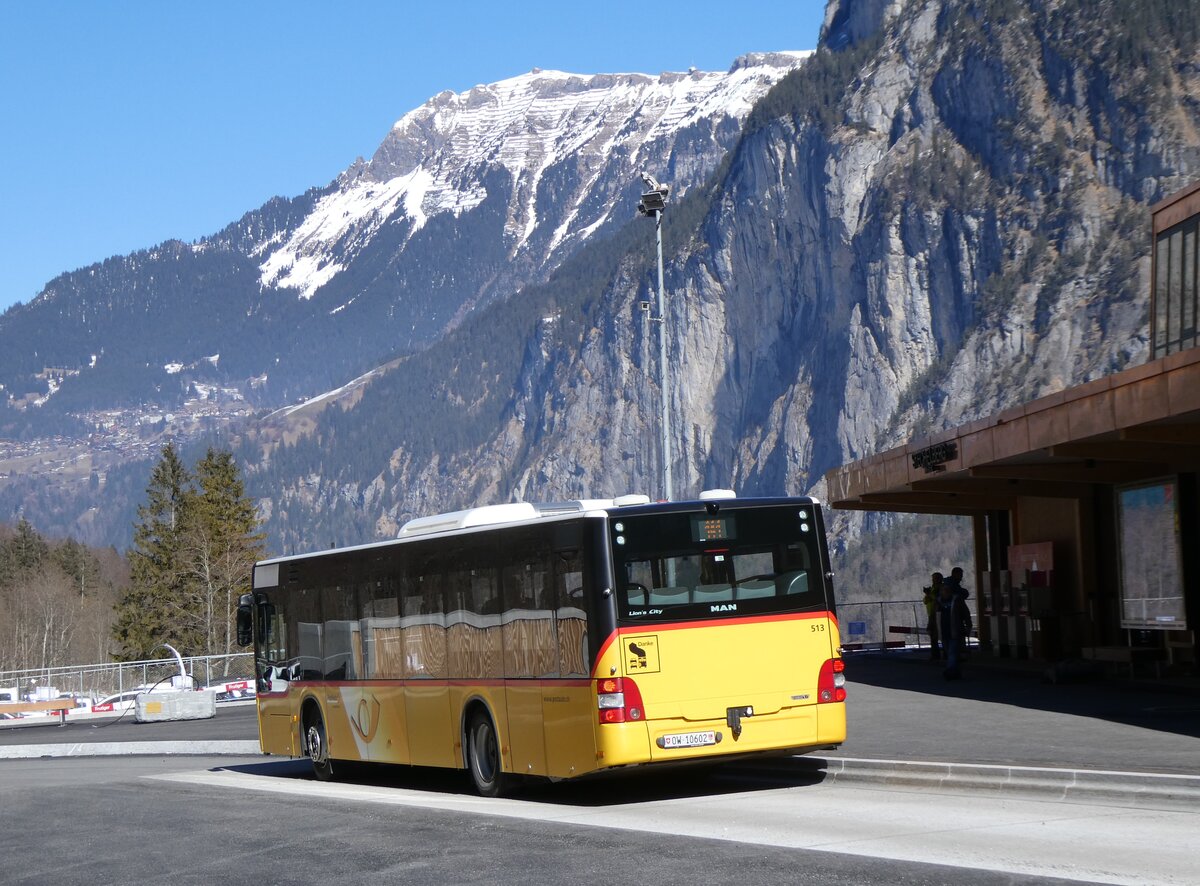 (272'228) - PostAuto Zentralschweiz - Nr. 513/OW 10'602/PID 10'590 - MAN (ex Nr. 2; ex Dillier, Sarnen Nr. 2) am 18. Februar 2025 in Stechelberg, Schilthornbahn