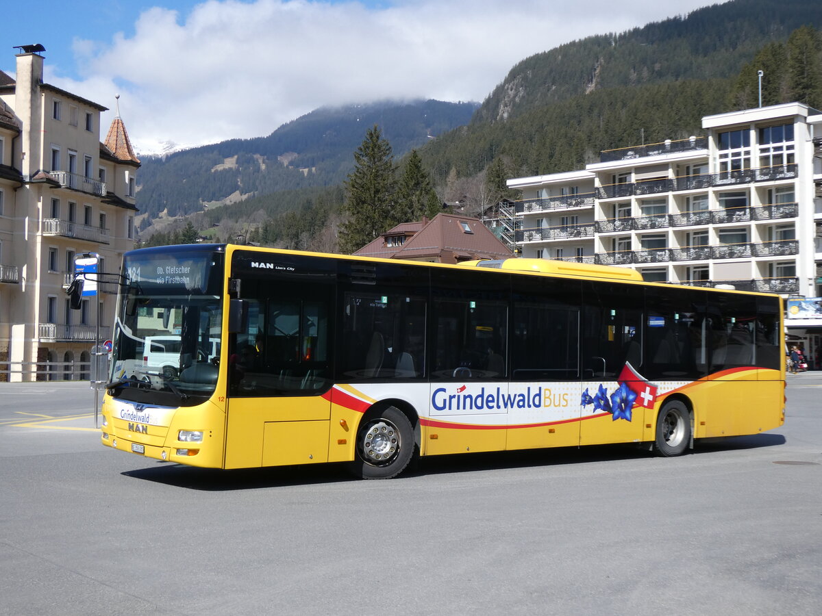 (273'269) - GrindelwaldBus, Grindelwald - Nr. 12/BE 356'085 - MAN am 28. M�rz 2025 beim Bahnhof Grindelwald