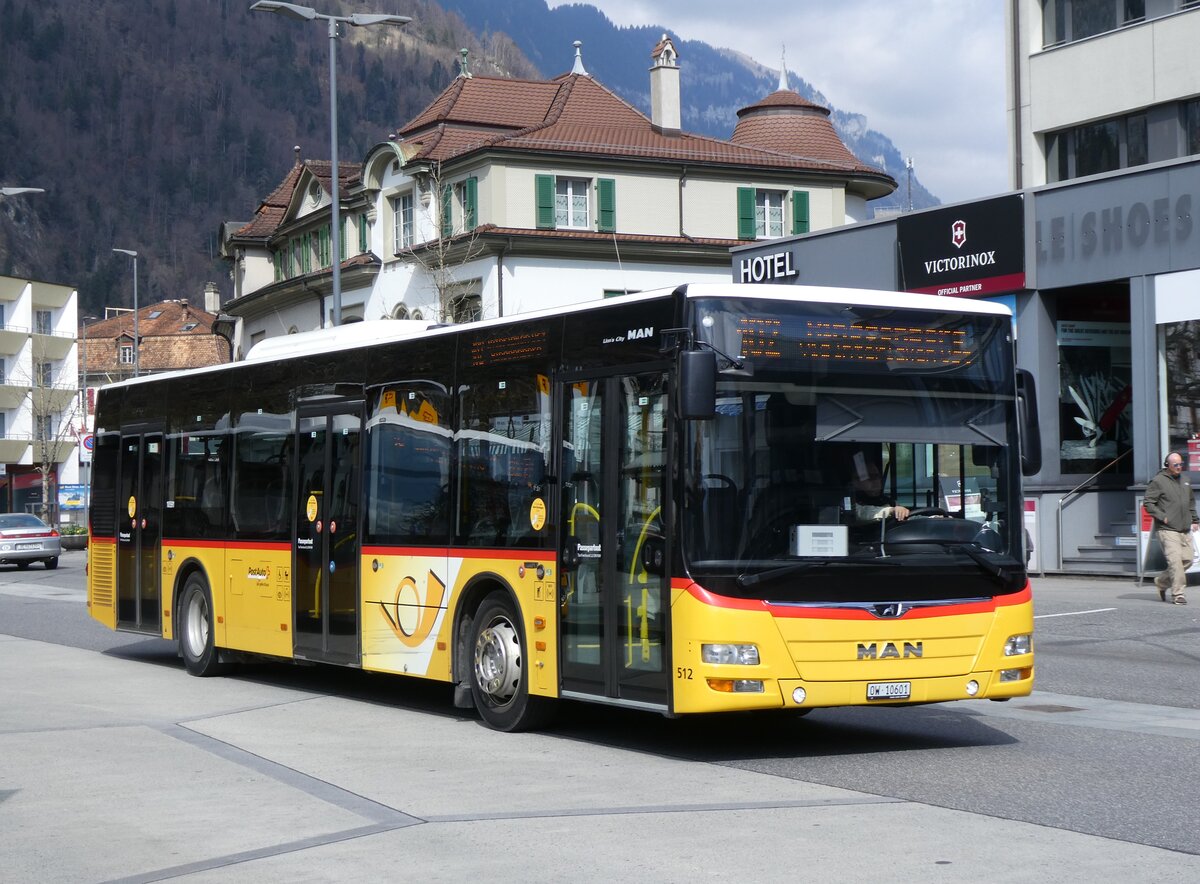 (273'302) - PostAuto Zentralschweiz - Nr. 512/OW 10'601/PID 10'591 - MAN (ex Nr. 1; ex Dillier, Sarnen Nr. 1) am 28. M�rz 2025 beim Bahnhof Interlaken West