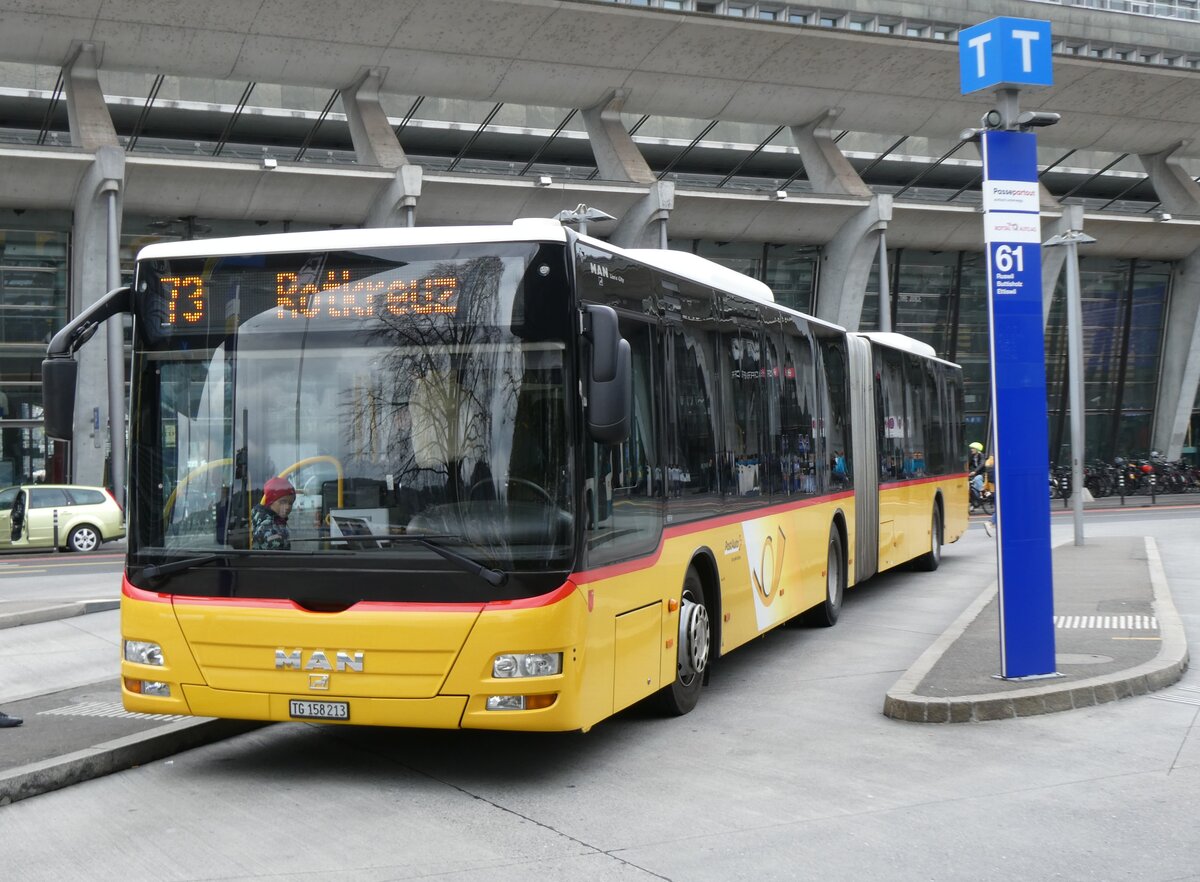 (274'022) - PostAuto Ostschweiz - TG 158'213/PID 4818 - MAN (ex PostAuto Graub�nden; ex PostAuto Ostschweiz SZ 68'458; ex PostAuto Ostschweiz SZ 44'040; ex Kistler, Reichenburg) am 15. April 2025 beim Bahnhof Luzern
