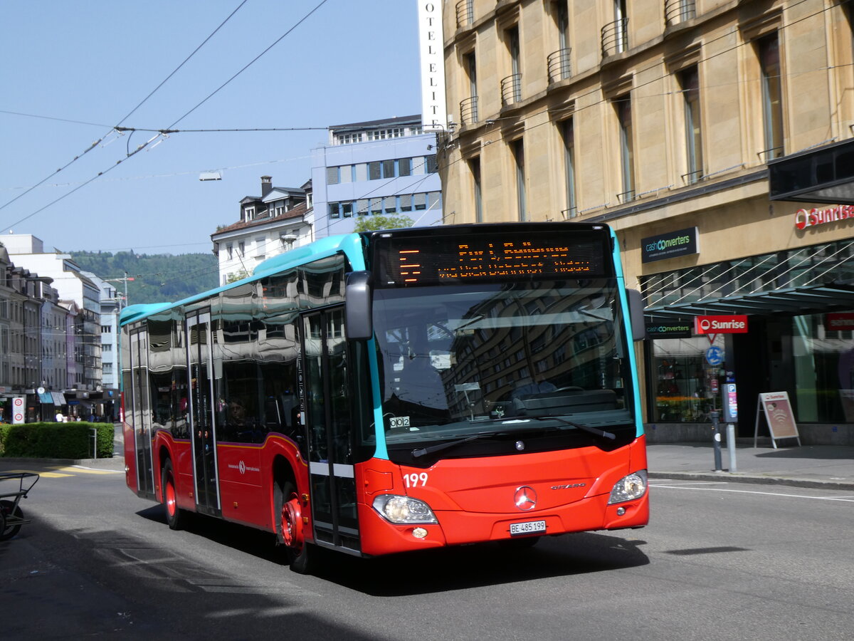 (274'495) - VB Biel - Nr. 199/BE 485'199 - Mercedes (ex Binggeli, Studen) am 2. Mai 2025 beim Bahnhof Biel