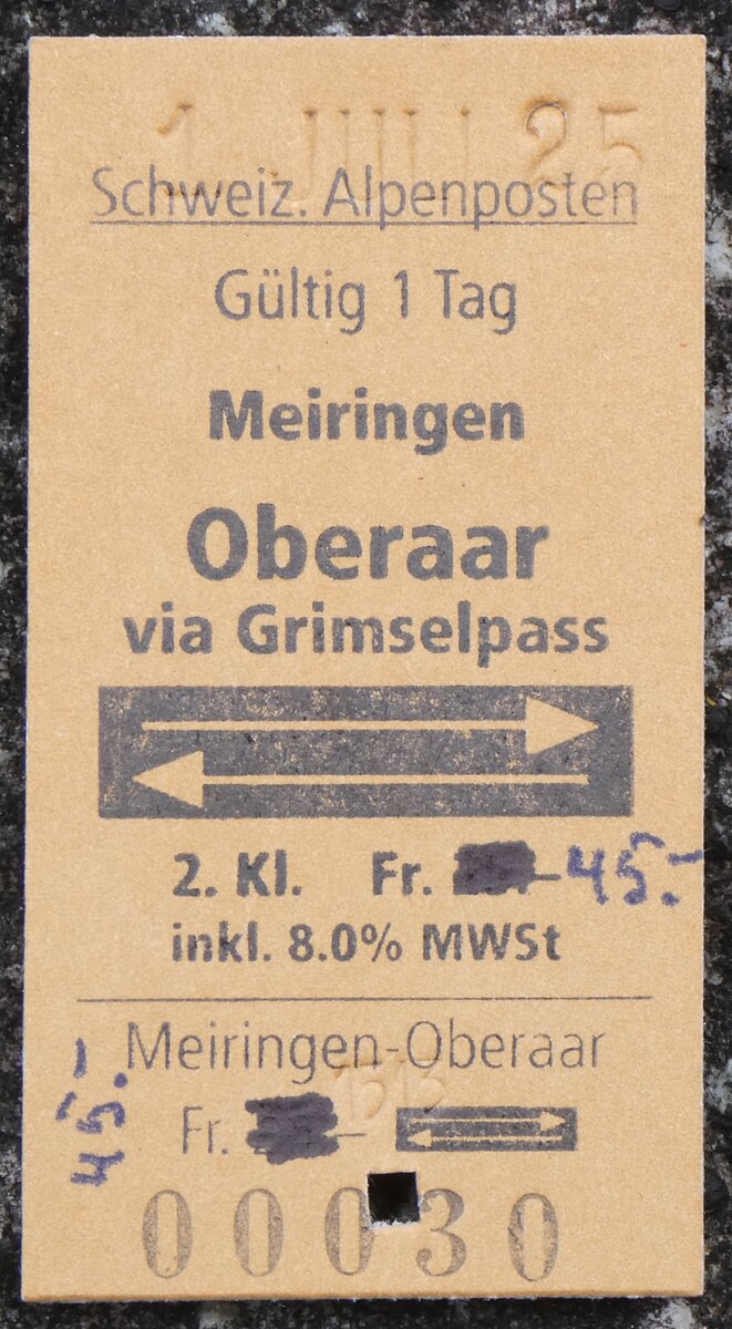 (277'459) - Schweiz. Alpenposten-Einzelbillet vom 1. Juli 2025 auf der alten Grimselstrasse