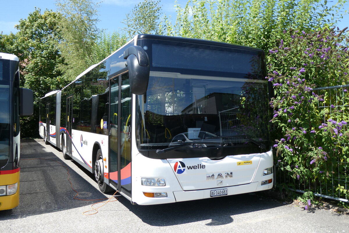 (278'475) - PostAuto Nordschweiz - AG 140'683/PID 5007 - MAN (ex Steffen, Remetschwil Nr. 58) am 4. August 2025 in Laufen, Garage