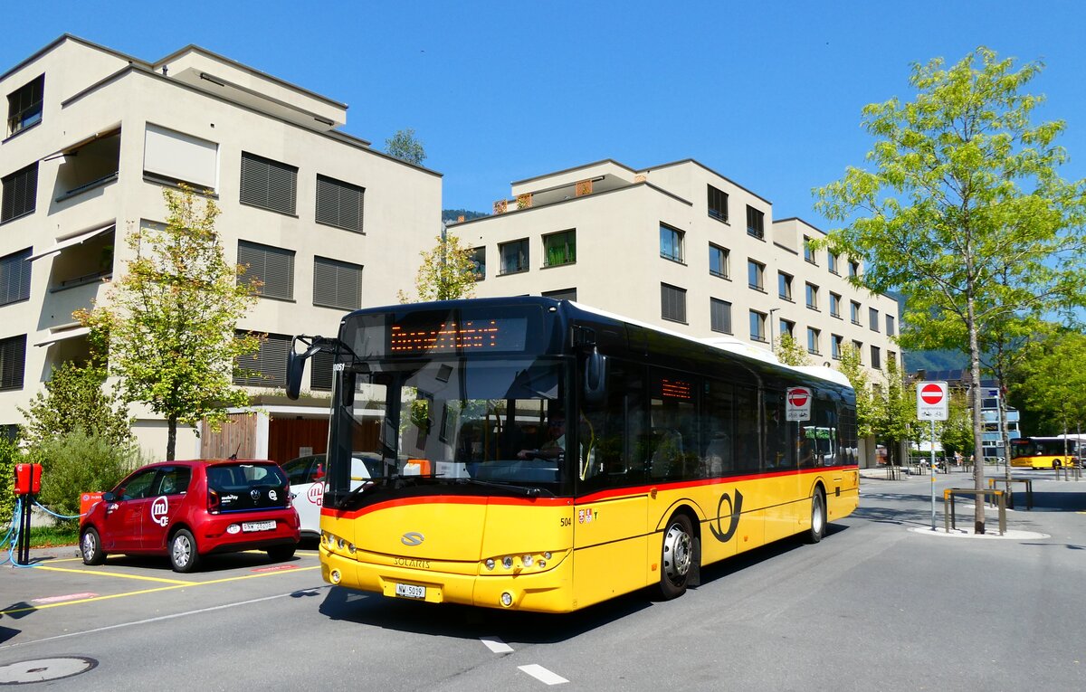 (279'217) - PostAuto Zentralschweiz - Nr. 504/NW 5019/PID 10'051 - Solaris (ex Nr. 54; ex Thepra, Stans Nr. 19) am 19. August 2025 beim Bahnhof Stans