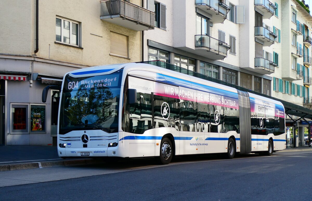 (279'399) - ZVB Zug - Nr. 8/ZG 88'008 - eMercedes am 26. August 2025 beim Bahnhof Zug