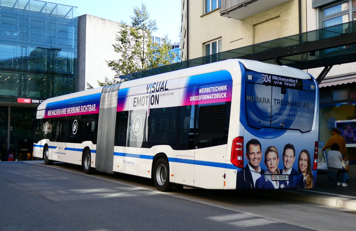(279'401) - ZVB Zug - Nr. 8/ZG 88'008 - eMercedes am 26. August 2025 beim Bahnhof Zug