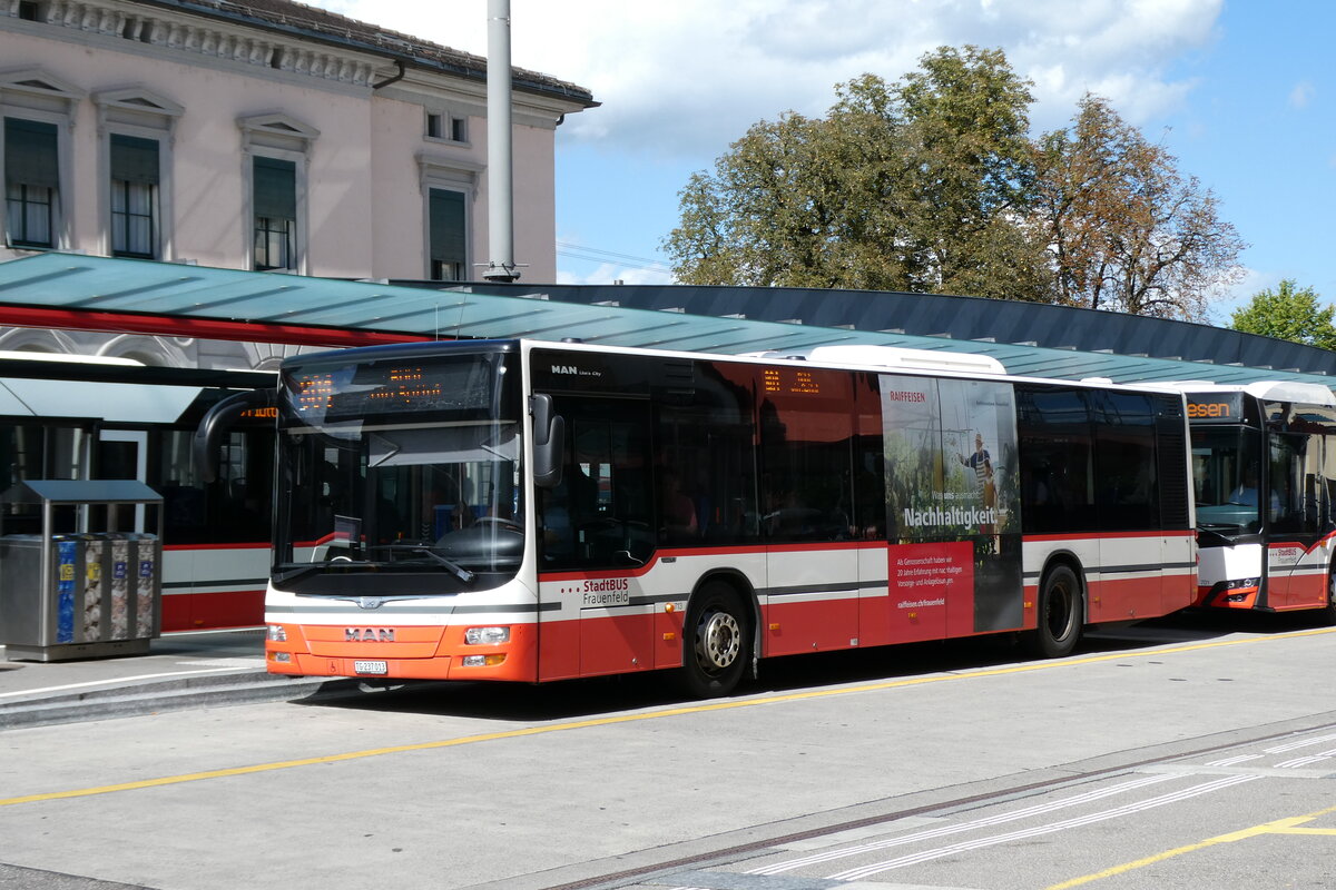 (279'560) - StadtBUS, Frauenfeld - Nr. 713/TG 237'013 - MAN (ex PostAuto Ostschweiz PID 10'105) am 29. August 2025 beim Bahnhof Frauenfeld