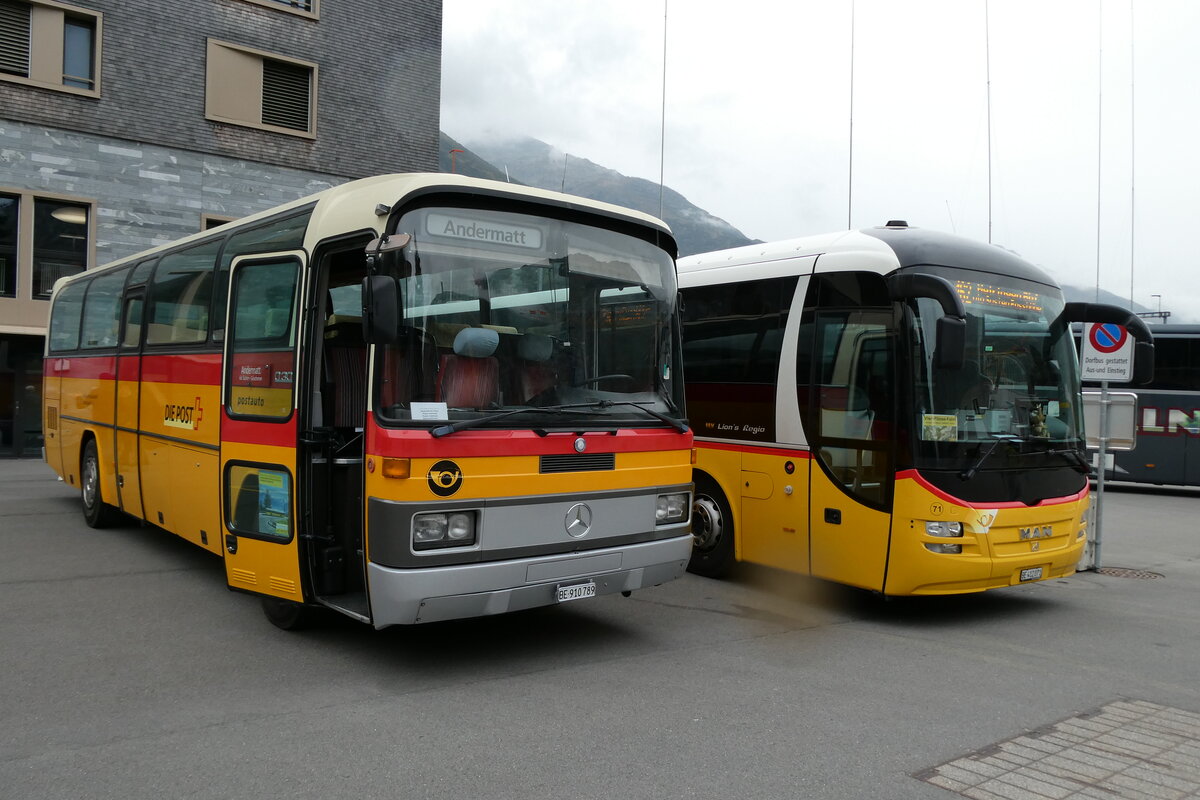 (280'069) - Buzzi, Bern - BE 910'789 - Mercedes (ex Mattli, Wassen/PID 2295) am 8. September 2025 in Andermatt, Bahnhofplatz