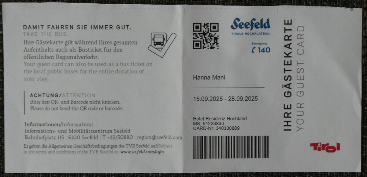 (280'467) - G�stekarte von Seefeld i.T. an 16. September 2025 in Seefeld, Hotel Hochland