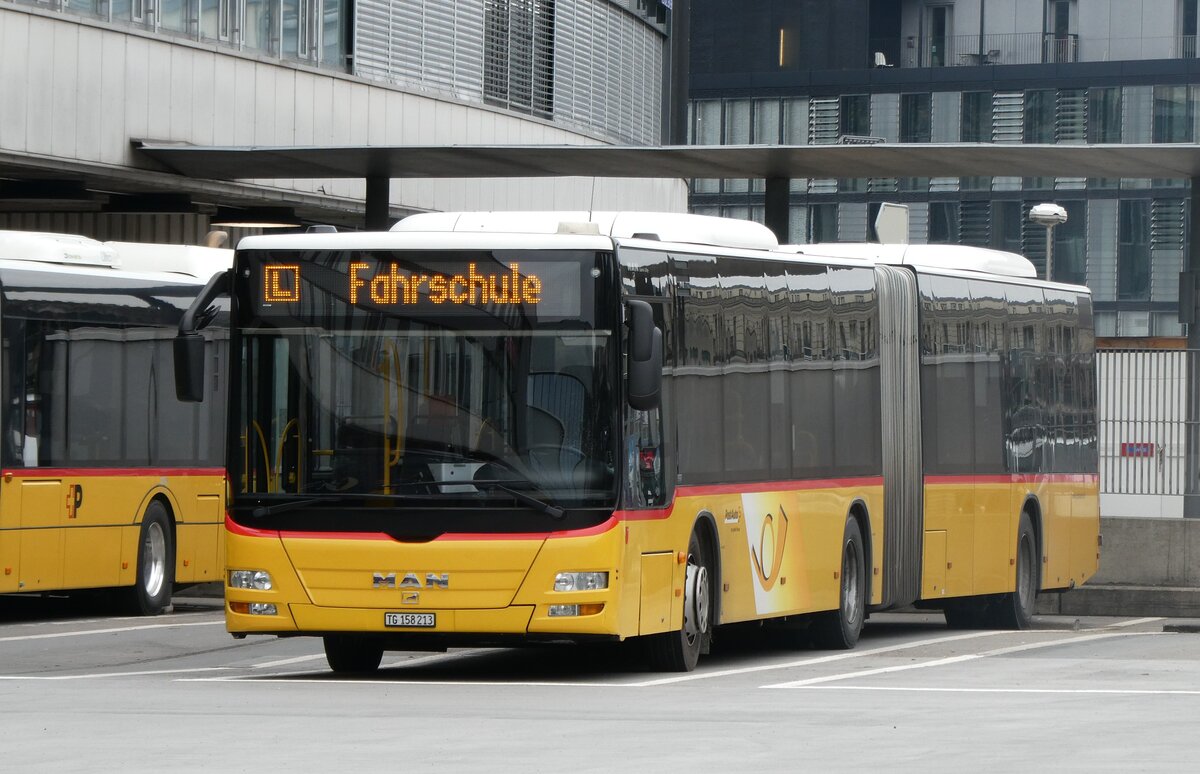 (282'754) - PostAuto Ostschweiz - TG 158'213/PID 4818 - MAN (ex PostAuto Graub�nden; ex PostAuto Ostschweiz SZ 68'458; ex PostAuto Ostschweiz SZ 44'040; ex Kistler, Reichenburg) am 4. Dezember 2025 in Bern, Postautostation