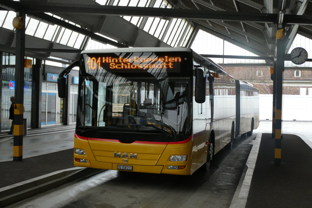(282'880) - PostAuto Ostschweiz - TG 158'213/PID 4818 - MAN (ex PostAuto Graub�nden; ex PostAuto Ostschweiz SZ 68'458; ex PostAuto Ostschweiz SZ 44'040; ex Kistler, Reichenburg) am 6. Dezember 2025 in Bern, Postautostation