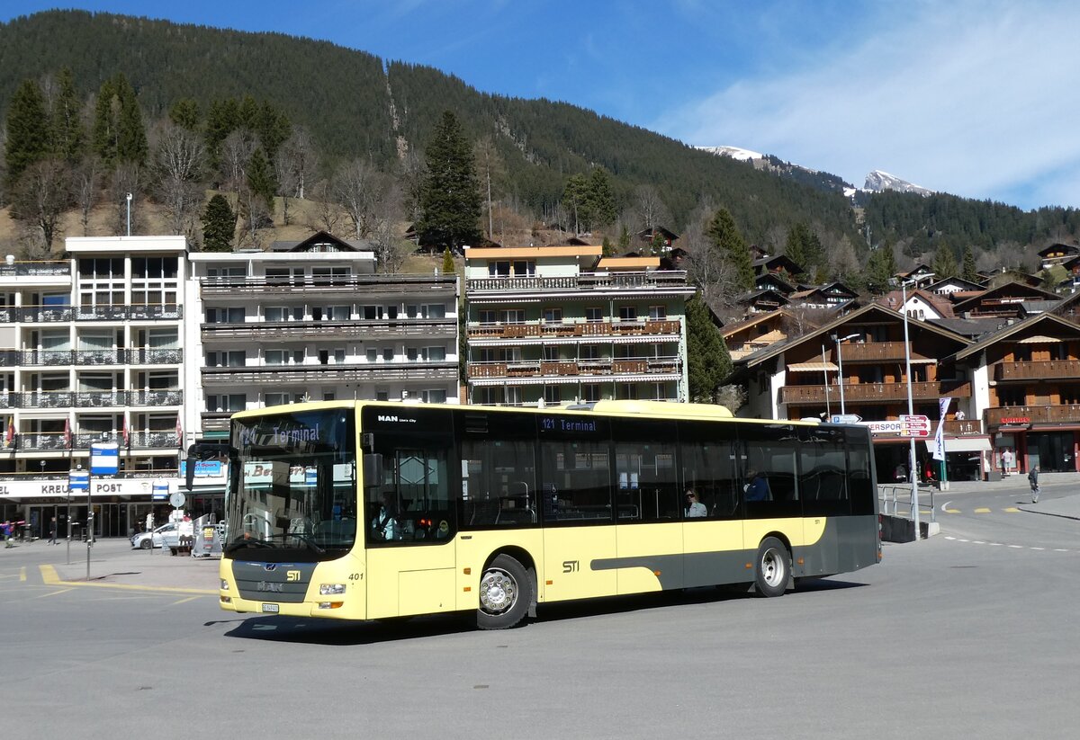 (285'357) - STI Thun - Nr. 401/BE 849'401 - MAN am 13. M�rz 2026 beim Bahnhof Grindelwald