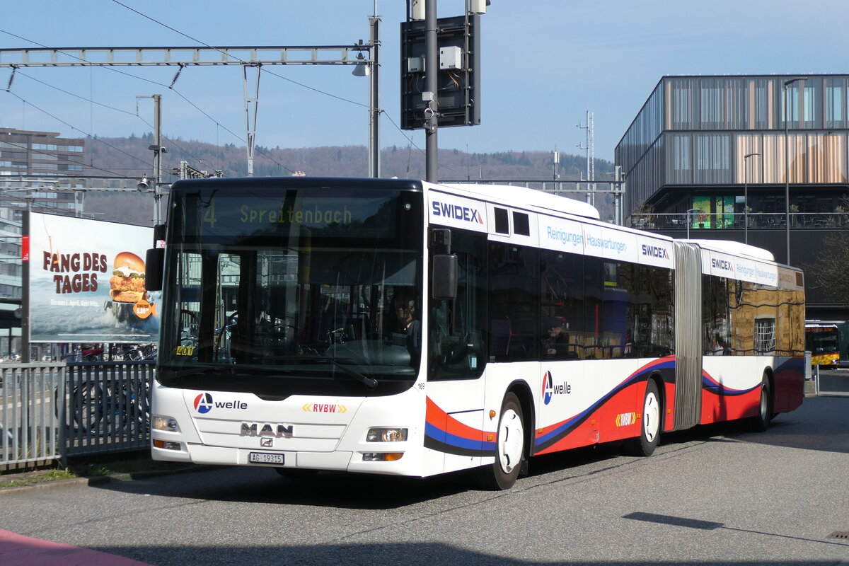 (285'496) - RVBW Wettingen - Nr. 169/AG 19'315 - MAN am 19. M�rz 2026 beim Bahnhof Baden
